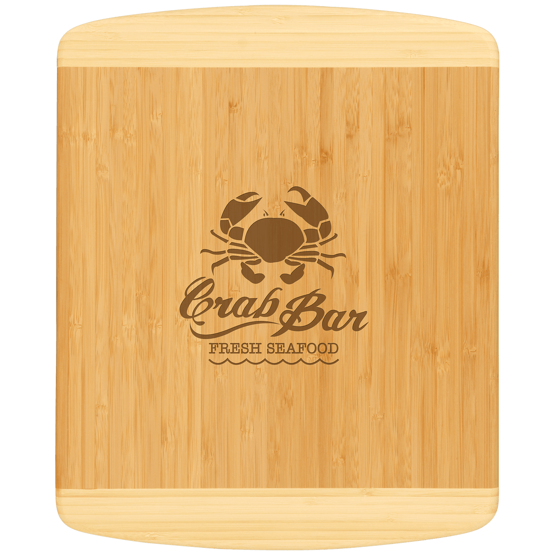Supplier personalization example: bamboo cutting board with sample engraving; your design is customized