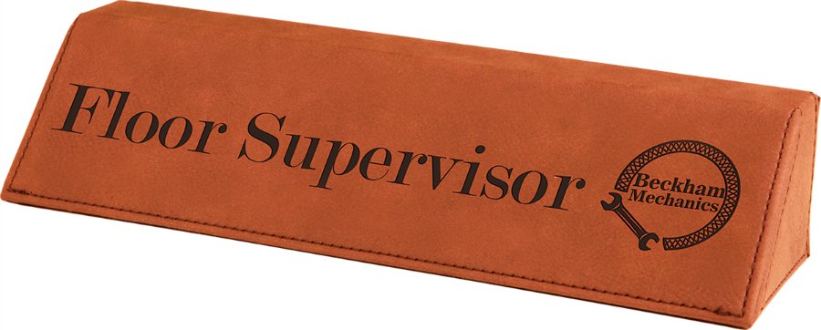 Supplier personalization example: engraved leatherette desk nameplate
