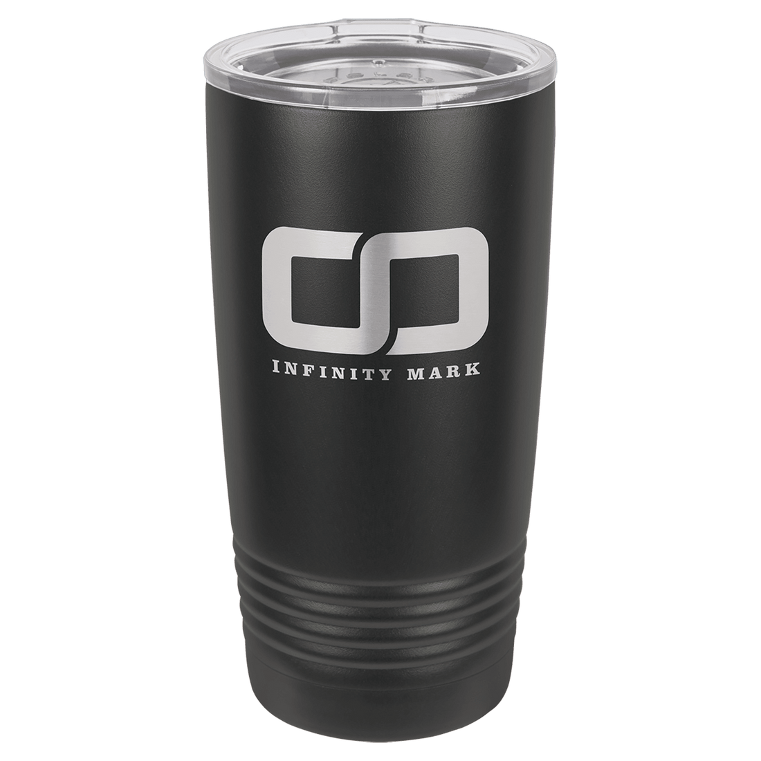 Supplier personalization example: black engraved tumbler; your artwork replaces the sample logo