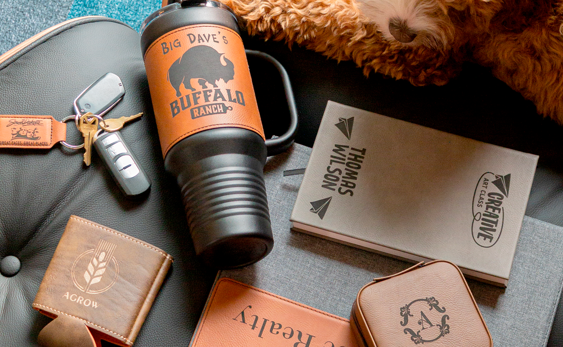Supplier inspiration photo of personalized gifts; contents and packaging are examples, not a fixed gift set