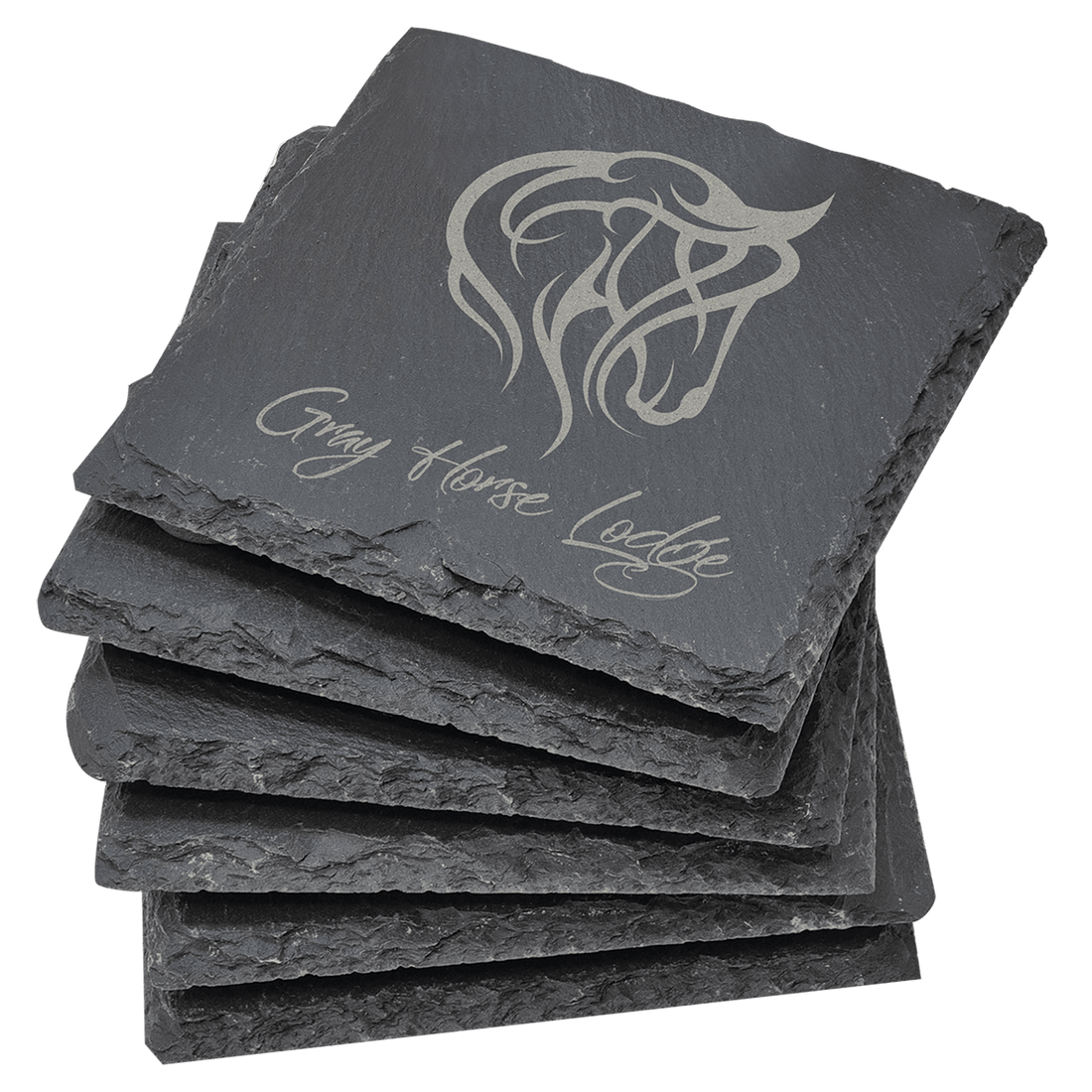 Supplier personalization example: engraved square slate coaster assortment; set configuration confirmed before production